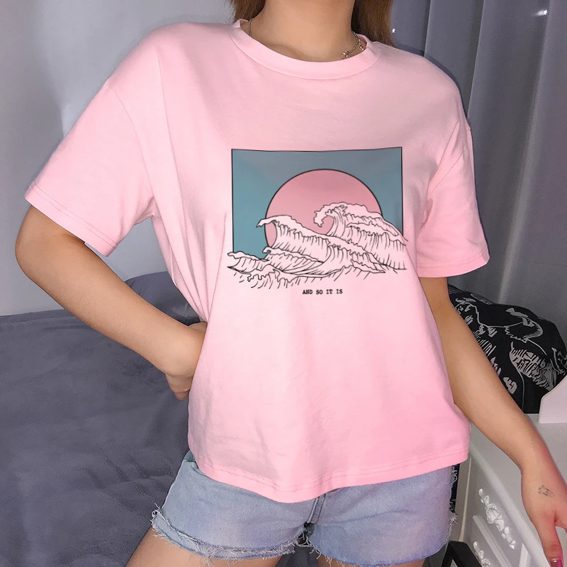 

New Harajuku Ocean Wave Printed Pink T-shirt Japanese Art Ukiyoe Aesthetic Clothes Summer Simple Fashion Streetwear Tees Tops