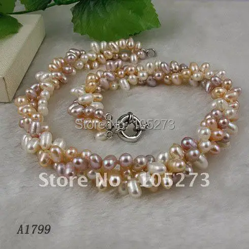 

Wholesale AA 4-5mm mixes natural shaper fresh water pearl necklace 18''inch 3rows fashion necklace 3pcs/lot free shipping A1799