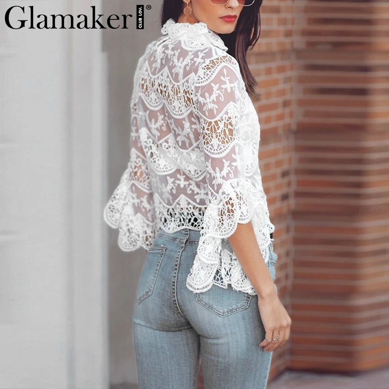 Женская прозрачная блузка Glamaker белая с длинным рукавом и кружевной
