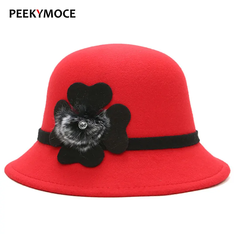 

Peekymoce однотонная шапка-котелок из шерсти, женская шапка-капот, шляпа-федора, Женская Цветочная шляпа-трилби, фетровые шляпы для женщин, церко...