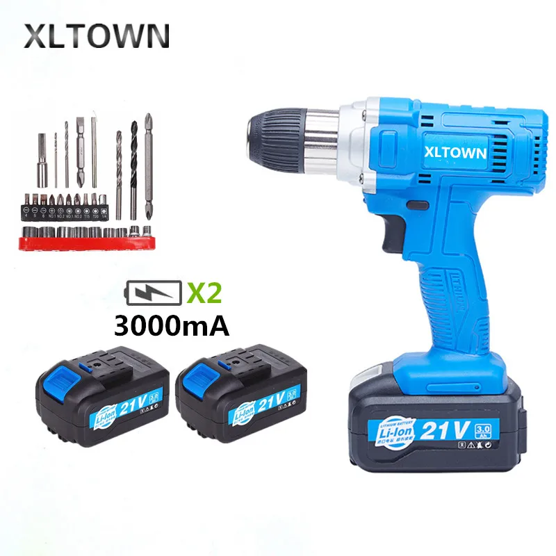 Xltown 21 в высокомощная Аккумуляторная дрель с большой емкостью перезаряжаемой литиевой батареей, электрическая отвертка, электроинструмент, сверла