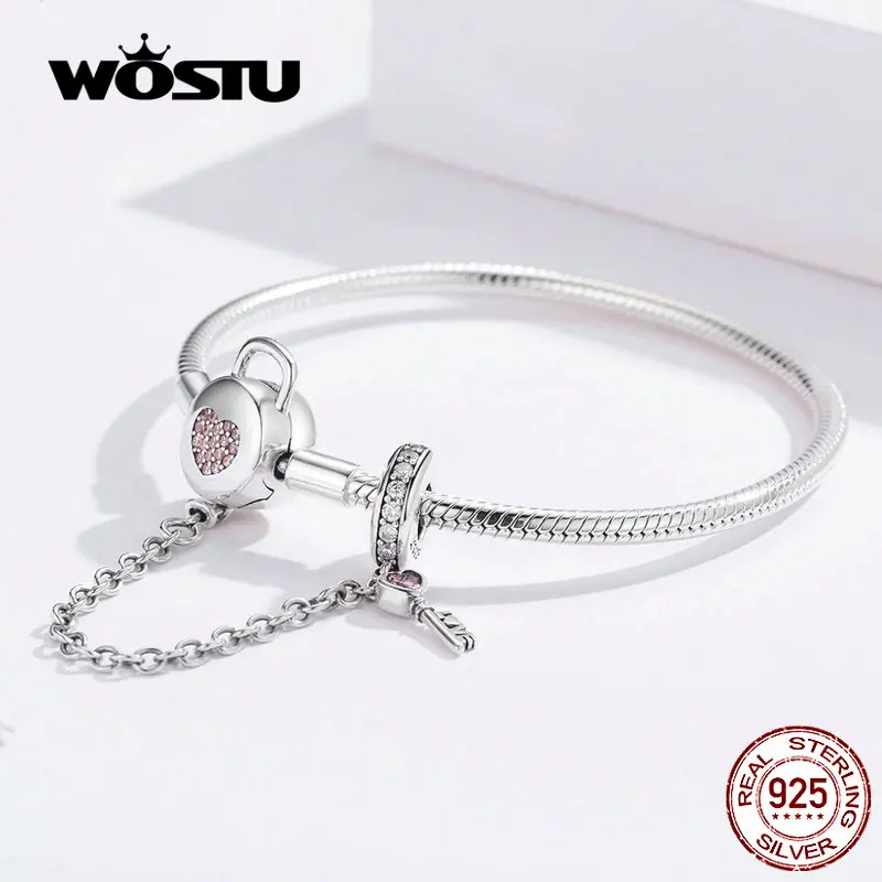 WOSTU, серебро, 925 пробы, сердце, брелок, безопасная цепь, браслеты, розовый циркон, очаровательный браслет для женщин, серебро 925, ювелирное изделие, FIB143