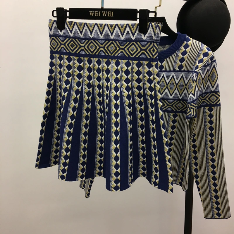 ALPHALMODA осень геометрический принт OL Повседневный свитер юбка костюм пуловер вязаный жакет+ юбка женский модный зимний комплект