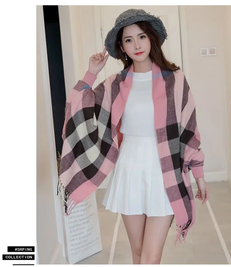 Batwing sleeve Checkered Hippie Fringe Tassel Woven Poncho Cardigans Womens Ladies Fall Winter Plaid knitted sweater Cloak shawl |