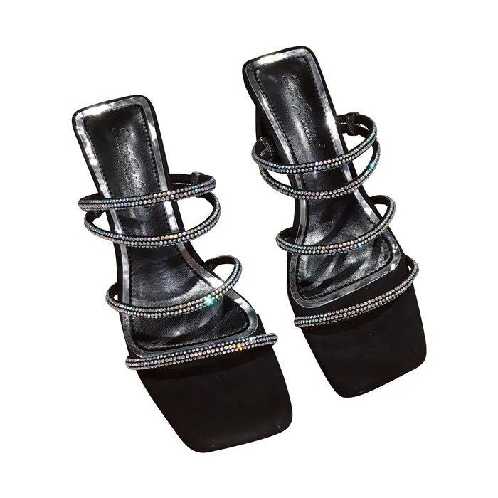 Slippers Heels Ladies Flip Flops Slides Woman Shoes Luxury Flock Square heel High Flip-flops Sliders Summer Designer Crystal