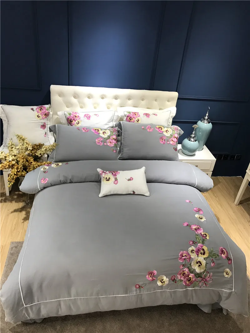 

Grey color chinese embroidered bedding set 100%cotton knitted soft bedclothes queen king size duvet cover bed linen set 38