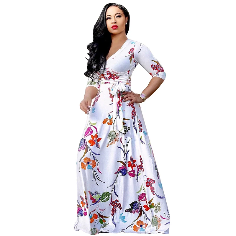 Белое цветочное Макси платье с v образным вырезом больших размеров осенние