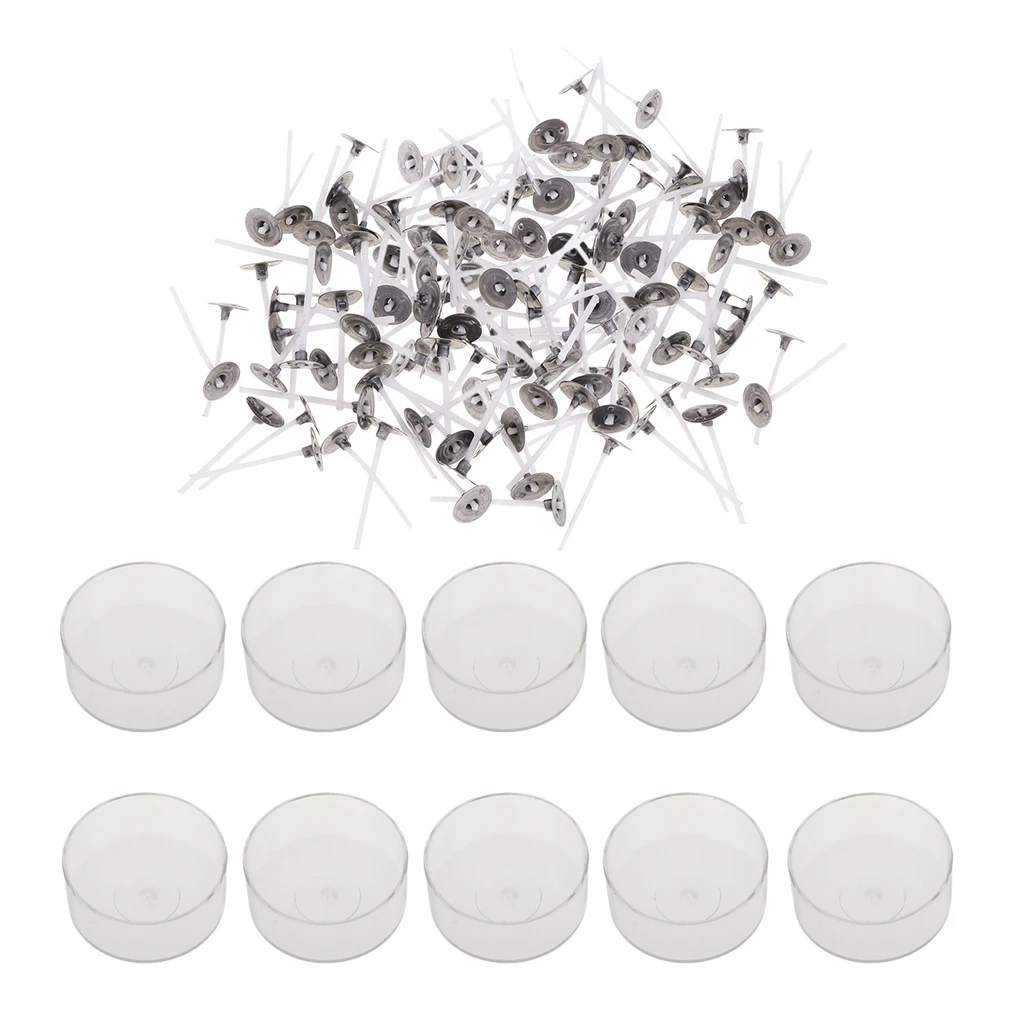 

200x Pre-waxed Cotton Candle Wicks and 10x Plastic Clear Round Shaped Tealight Cup Empty Mould, Candle Making Material Kit