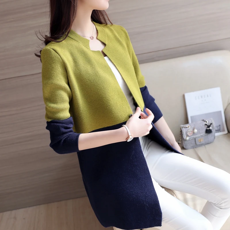 Корейский Свободный трикотажный топ на осень длинный кардиган в стиле пэчворк