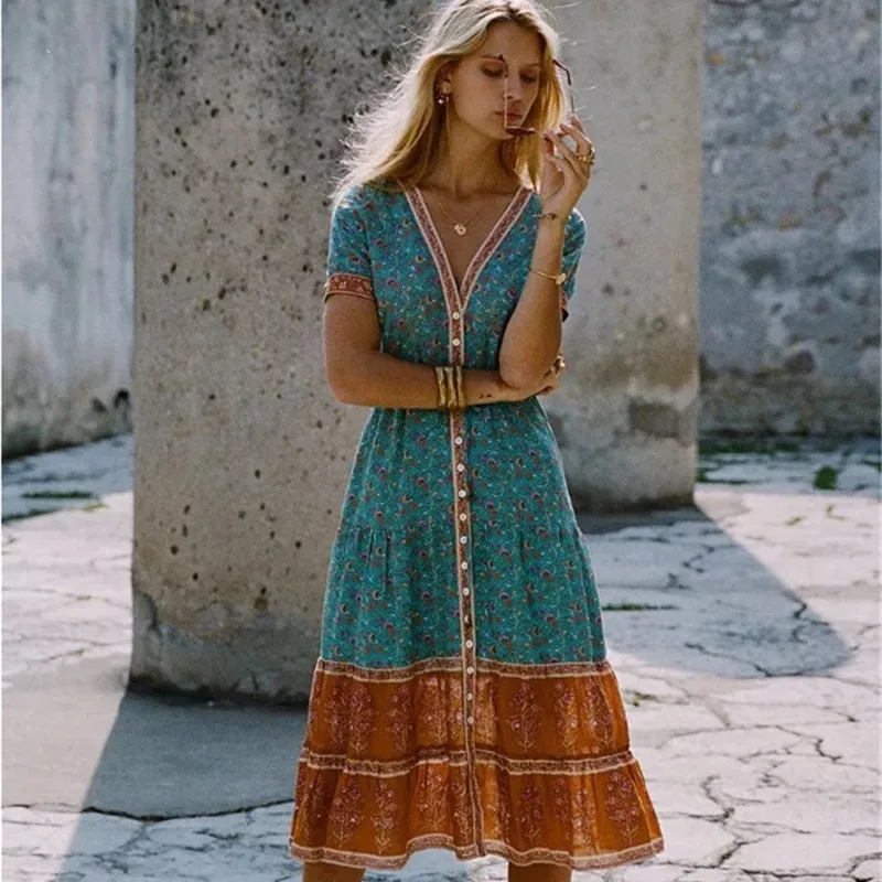 Богемное женское летнее платье 2019 сексуальное вечернее с принтом повседневное