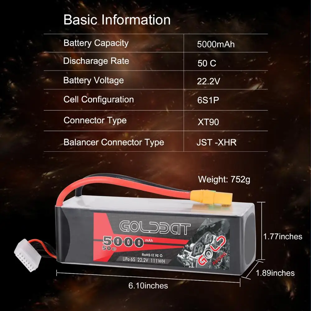 GOLDBAT 5000mAh LiPo батарея 22 2 V 6S RC для rc автомобиля lipo 50C с XT90 XT60 Heli Drone | Игрушки и хобби