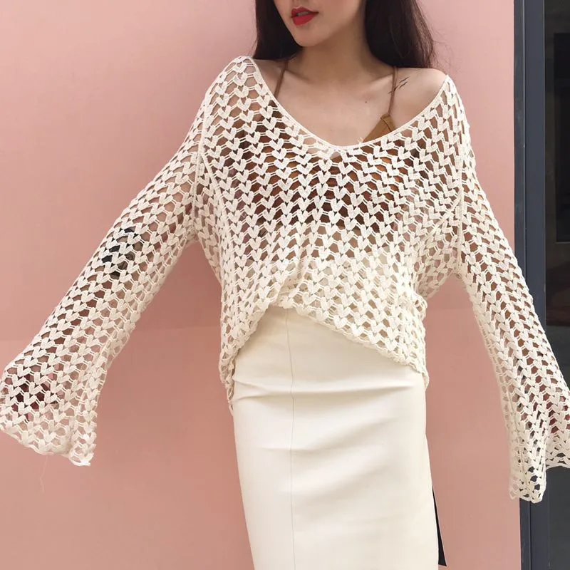 Женский джемпер с цветочным рукавом Свободный пуловер крючком осень 2020 | Женская