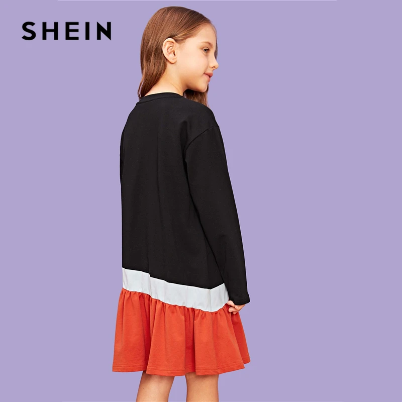 SHEIN/детское праздничное платье с цветными блоками и вышивкой для девочек; коллекция года; сезон весна; повседневные Детские платья средней длины с длинными рукавами; Одежда для девочек
