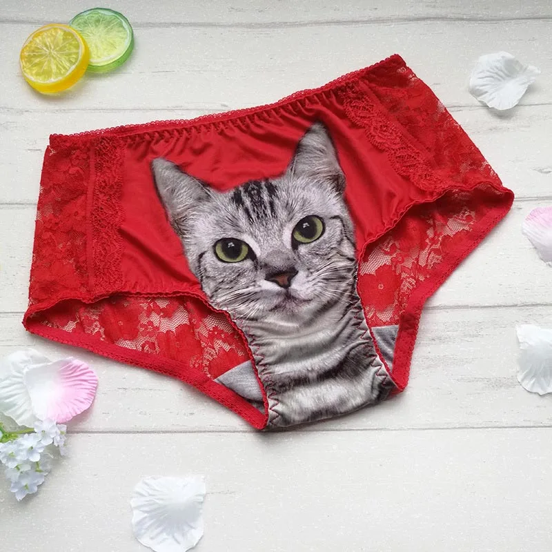 Трусики с котом, кружевное нижнее белье, бесшовные трусы, дышащие розовые трусики с Киской, сексуальные хлопковые нижнее белье, женские трусы - Цвет: red