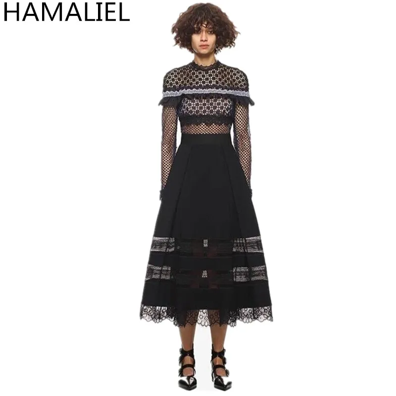 Self Portrait Style Autumn Women Dress New 2018 Runway Lace Patchwork Long Sleeve Hollow Out Ruffles Empire Party | Женская одежда