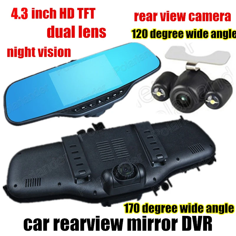 Portable 4.3 inch Car DVR Rearview Mirror Dual Lens Video Recorder Night Vision front 170 and back 120 degree wide angle