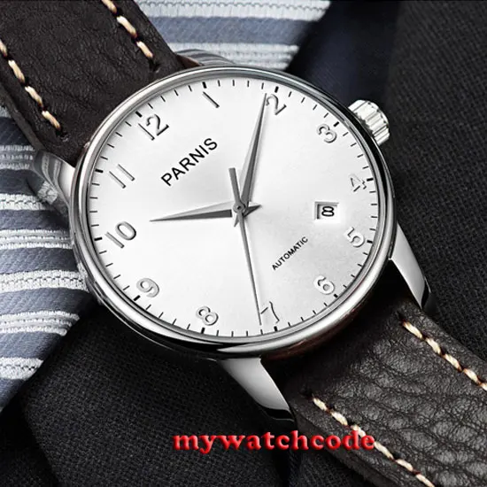 Мужские часы 38 мм parnis с серебристым циферблатом и автоматическим механизмом miyota