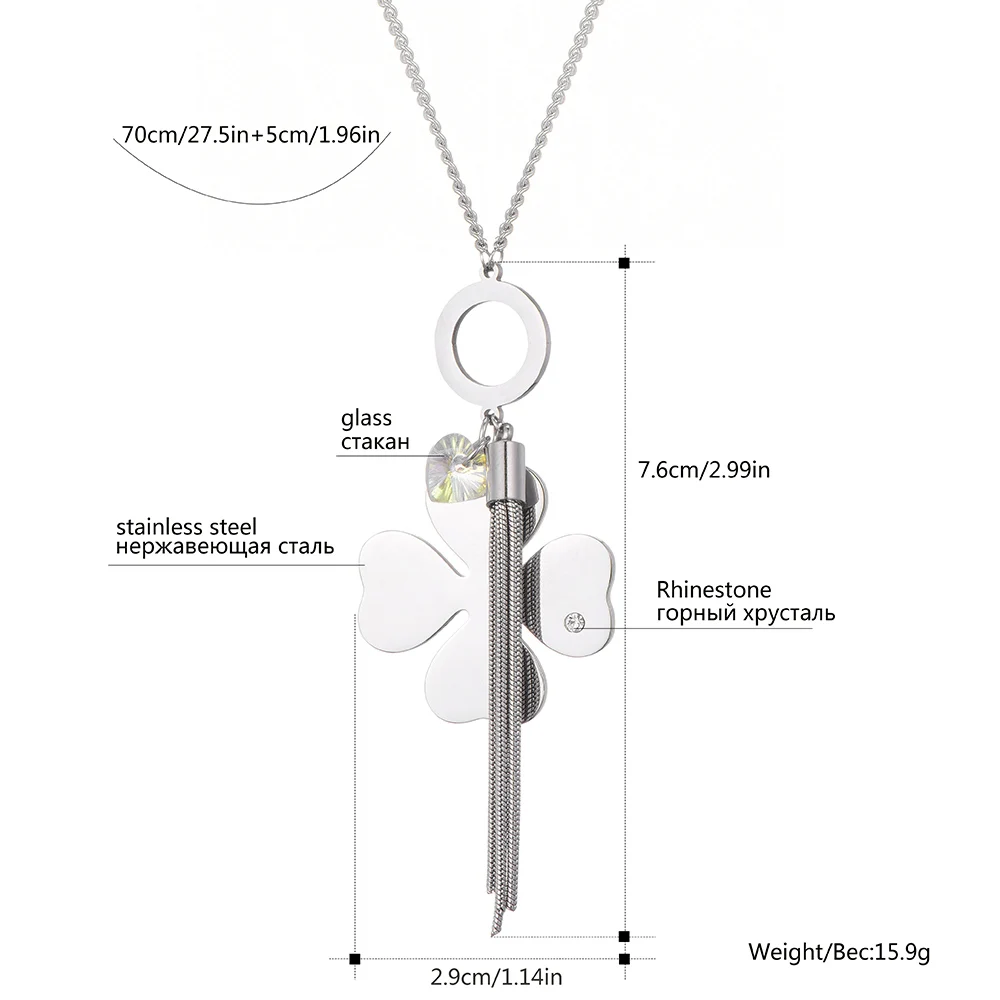 Color Four-leaf Clover Pendant Necklace Women Stainless Steel Crystal Heart Butterfly Tassel Long Style Jewelry Gift | Украшения и