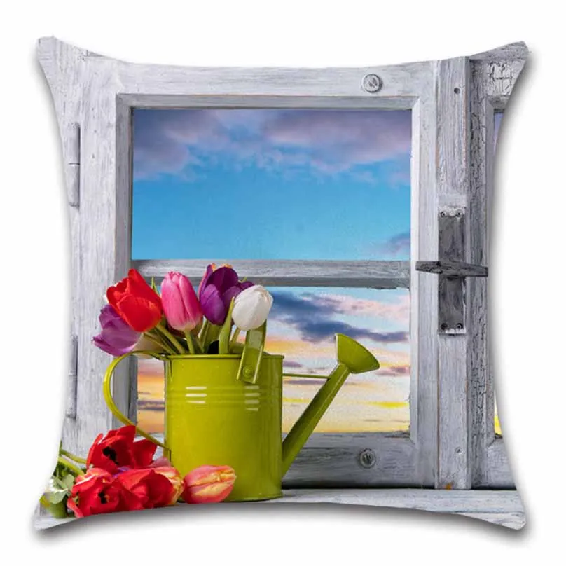 Окно пейзажа вид цветок розовый белый Наволочка декоративная домашняя комната