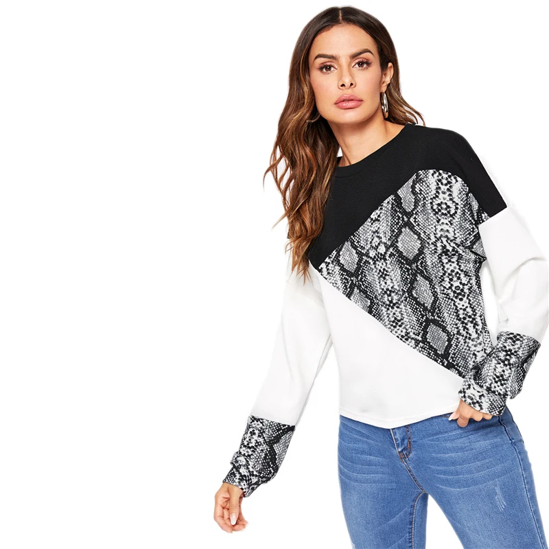SHEIN Контрастный Пуловер С Змеиным Принтом Женские Осенние Кофты С Длинным Рукавом