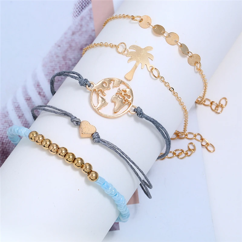 

L&H 5PCS/Set Beads Bracelets Bangles Heart/Map Double Thin Blue Link Bracelets For Women Fashion Round Sequins pulseras mujer