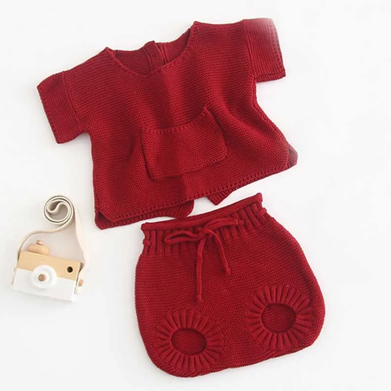 B91S02 Red Baby knitting Clothing Sets Two Girls Suit Knit 0-2 Year Cotton Baby Long Sleeve Blouse+ Lotus Leaf Shorts Baby Clothing Set - Цвет: B91S02 Red