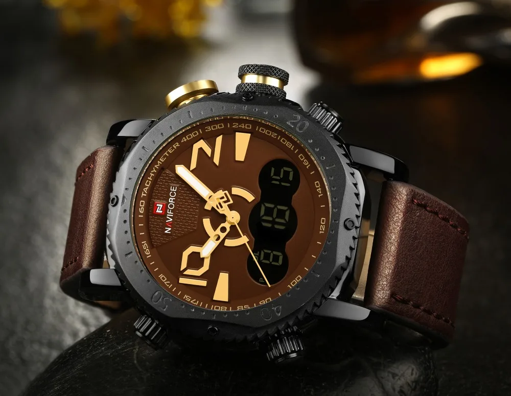 NAVIFORCE Военный Спортивный Двойной кварцевый светодиодный цифровой аналоговый часы оранжевый кожаный ремешок водонепроницаемые мужские часы лучший бренд класса люкс