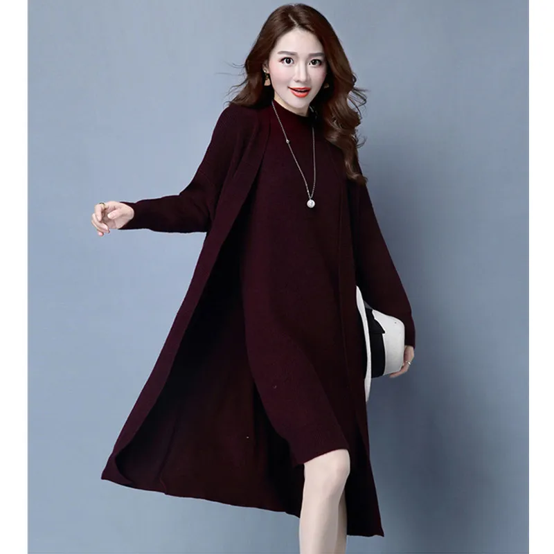 Женский костюм со свитером и платьем теплый свободный трикотажный кардиган с