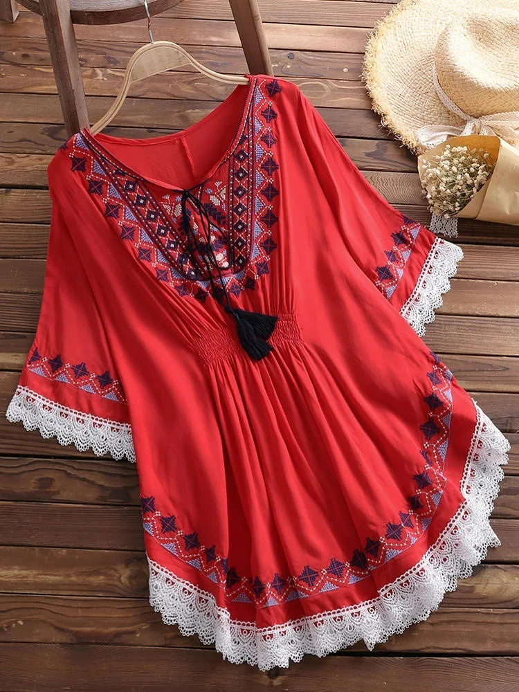Женская Кружевная туника с рукавом 2019 желтая белая красная блузка