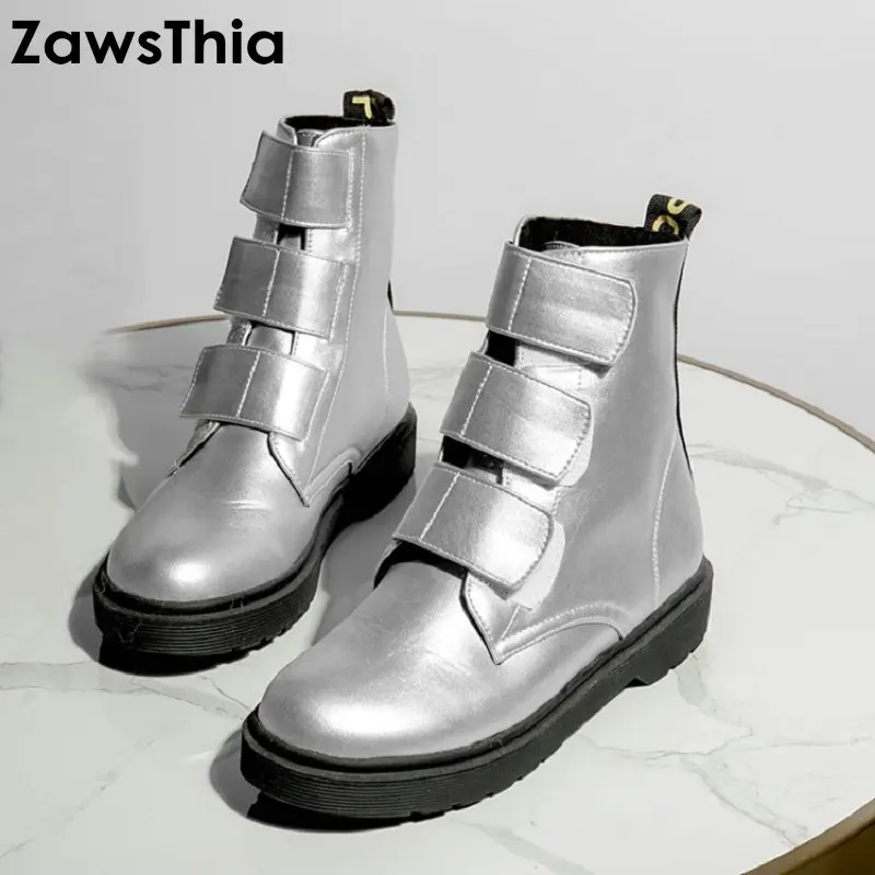 ZawsThia 2020 autumn winter hook &amp loop silver black comfortable woman flat shoes women platform martin ankle boots big size 43 | Обувь