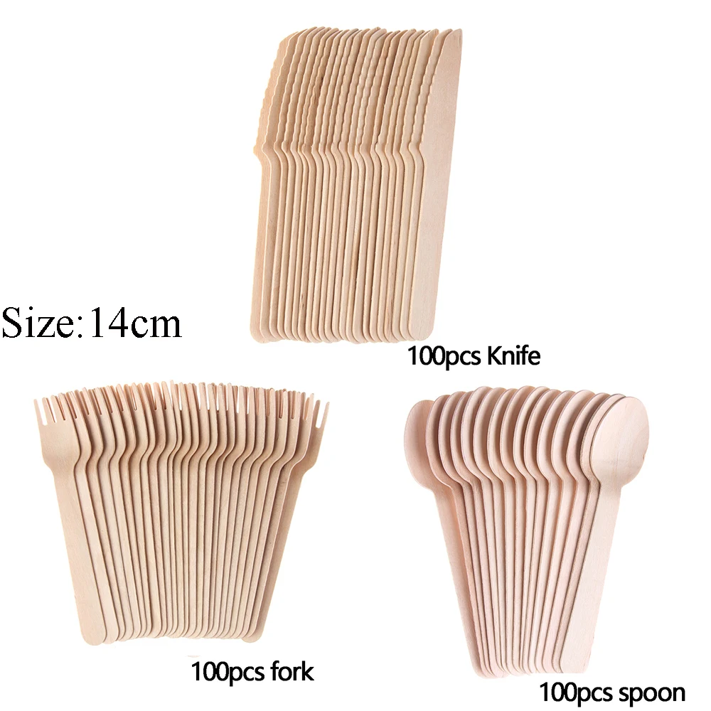 

100PCS/set Biodegradable Wooden Disposable Cutlery Forks Spoons Eco-friendly Utensils Tableware Party Dessert Spoon