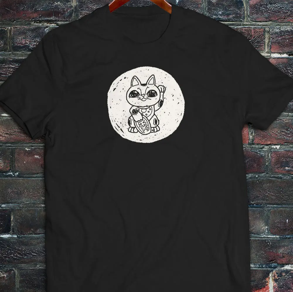 Мужская черная футболка с надписью Lucky Cat Maneki Neko китайская в стиле унисекс 2019 |