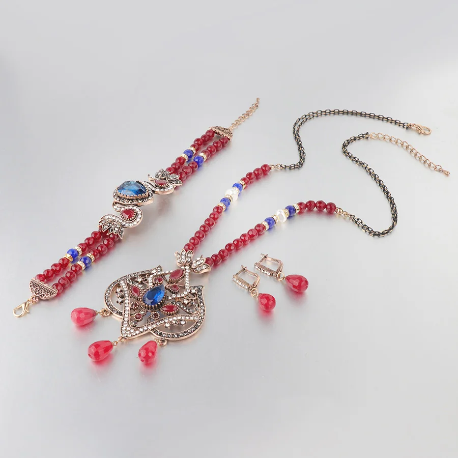 3PCS Sets Kinel роскошное, с натуральным камнем индийские этнические украшения набор для женщин преувеличенное ожерелье кристалл браслет серьги винтажные Свадебные украшения - Окраска металла: 3PCS Sets