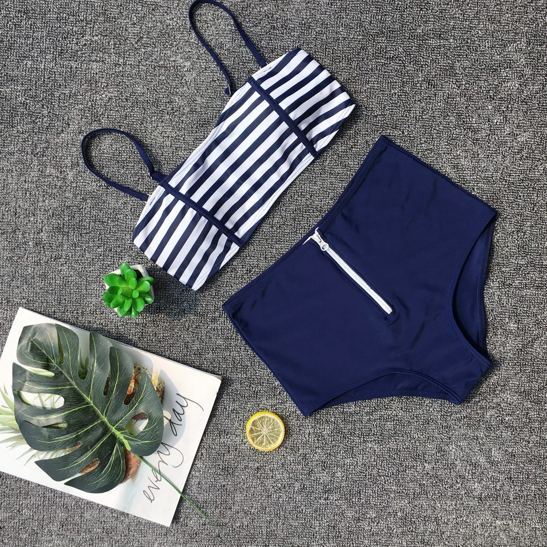 New Push up Striped Women Two Piece Bath Wear Set Sexy Adjustable Strap Padded Female Tops and Zipper Up Shorts Bathing Suits | Женская