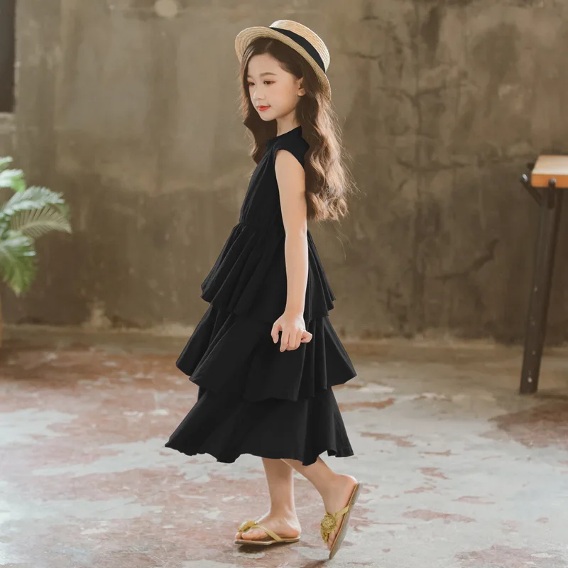 Black 3 Layer Cake Dress for Girls Summer Elegant Princess Teens Girl Party Frock Kids Cotton Maxi Long Children Evening Dresses | Детская