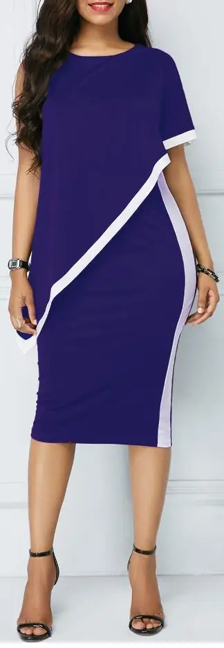 Синий NEW Sexy One Shoulder Womens O-Neck Patchwork Elegant Office Dress Summer 3Color Knee Length Sheath Dress Vestidos Plus Size 5xl - Цвет: Синий