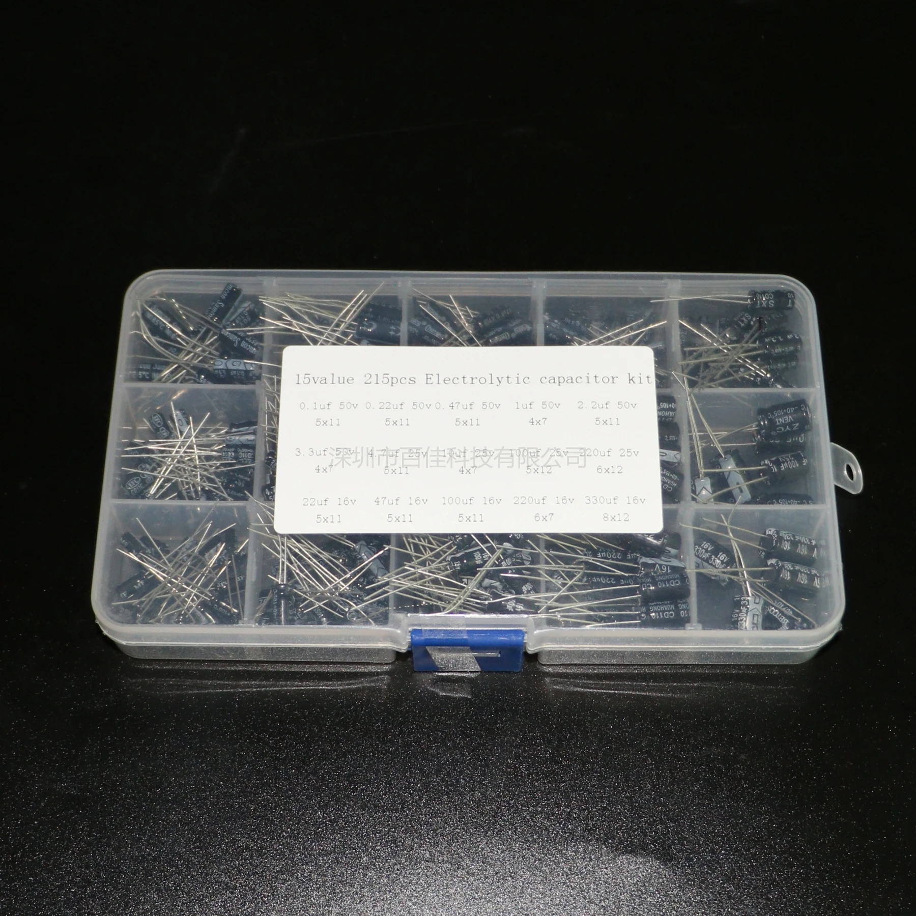 

15 specifications for a total of 215pcs 16v/25V/50v (0.1uF - 330uf) hybrid electrolytic capacitor package