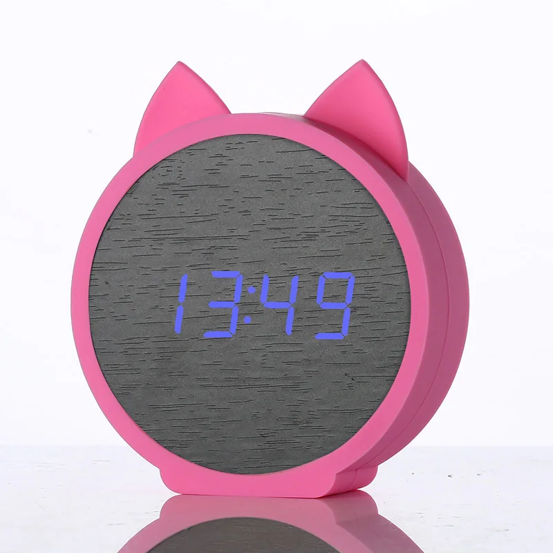Black blue-Pink СВЕТОДИОДНЫЕ Деревянные будильники детские часы милый кот Силиконовые электронные деревянные настольные часы мультфильм Календарь совершенство Голосовое управление - Цвет: Black blue-Pink