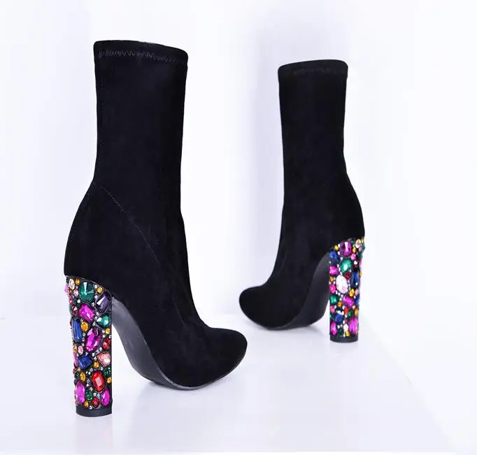 

Fashion Women Ankle Boots Women Autumn Winter Pointed Toe Rhinestones Heel Woman Chelsea Boots size 35-39