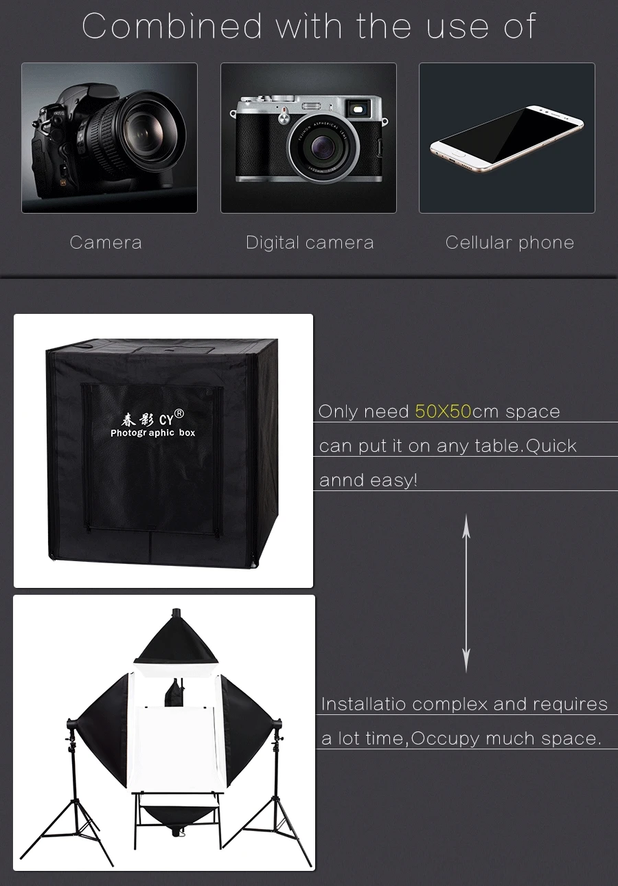CY 50*50*50 см для фотостудии светодиодный светильник для фотосъемки в софтбоксе, палатка, светильник для фотосъемки, набор палаток+ Портативная сумка+ 3 фона+ диммер для игрушек