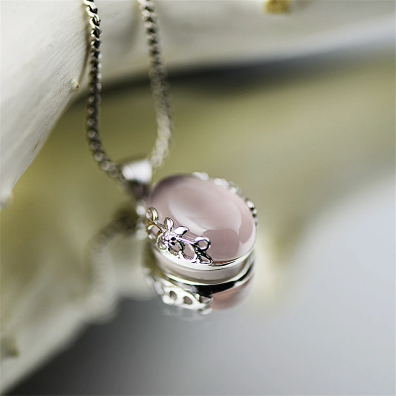 

2cm*1cm flower 925 Sterling Silver necklace Natural pink semi-precious stones Pendant Vintage female girlfriend gift