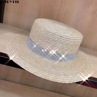 boater hat women summer dress hat kentucky derby straw hat blingbling rhinestone wide brim skimmer uv sun beach hat for travel