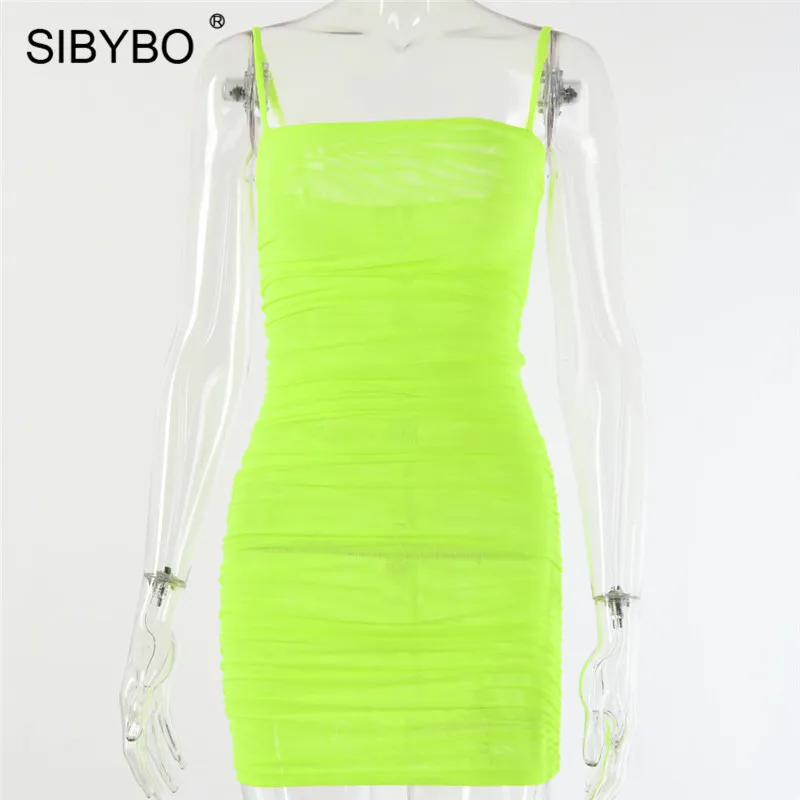 Fluorescent green Sibybo, Сетчатое летнее платье без бретелек, женское, без рукавов, на тонких бретелях, сексуальное, мини-платье, с открытой спиной, Пляжное, вечернее платье, короткое - Цвет: Fluorescent green