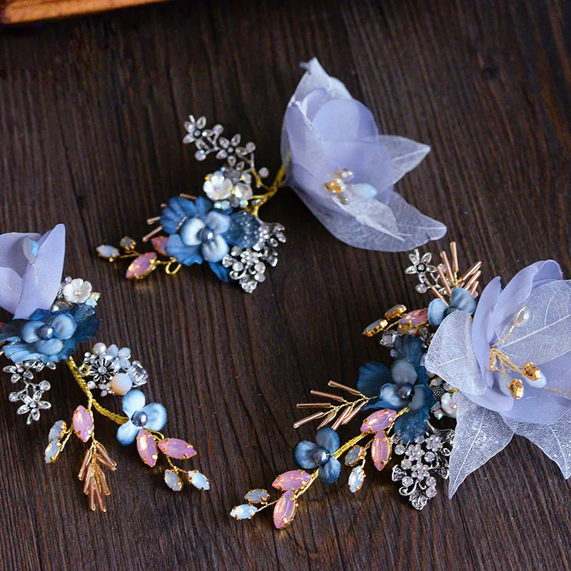 

Handmade Baroque Blue Bridal Flower Barrettes European Brides Hairbands Wedding Hair Accessory Rhinestone Headdress