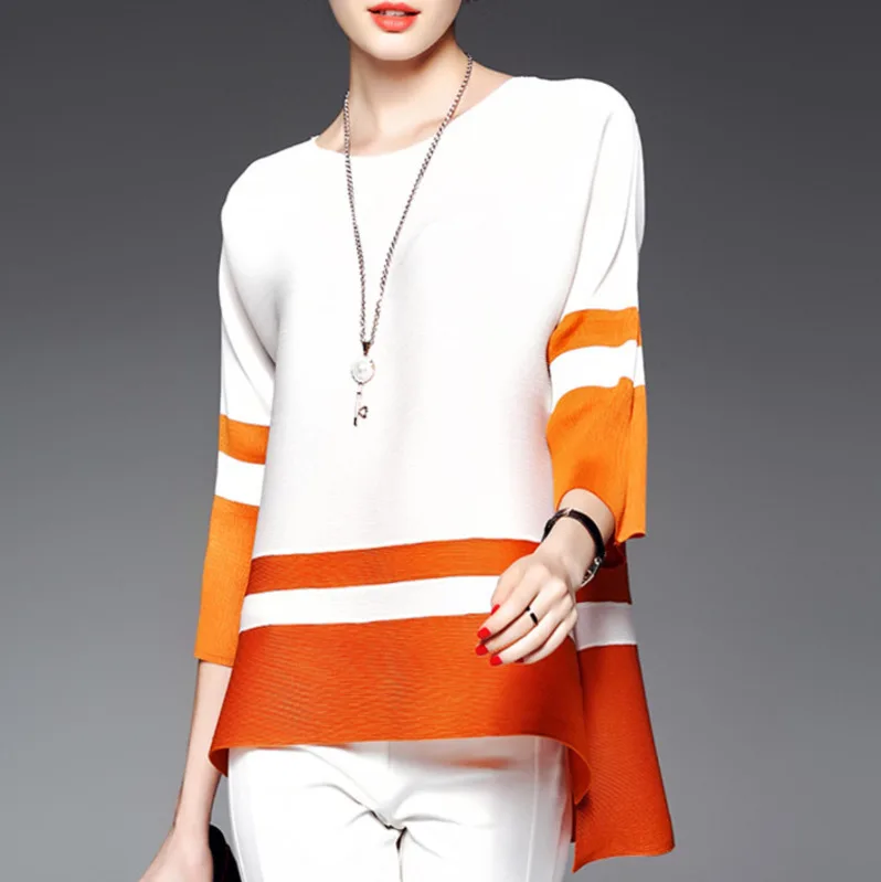 LANMREM Autumn New Casual Fashion Temperament Women Loose Plus Color Matching Pleated Five-point Sleeve shirt TC438