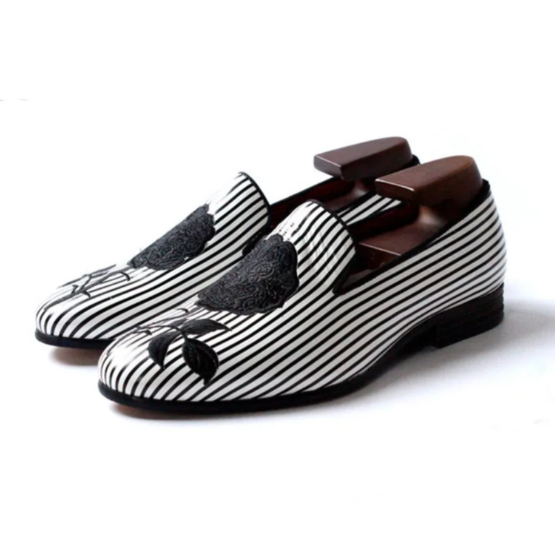 Туфли мужские в черно белую полоску с вышивкой розы|embroidery rose|shoes menshoes men flats |