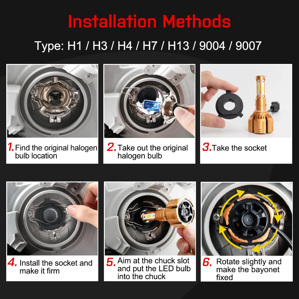 2 шт. фар автомобиля H1 H3 H4 H7 H11 светодиодный HB3 9005 HB4 9006 H13 9004 9007 9012 светодиодный лампы 6000 K 10000LM автомобильный 12 V 24 V
