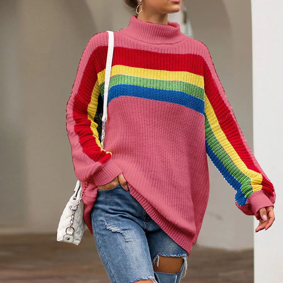 

Rainbow Striped Ribbed Sweater Women's Fall Winter 2019 Turtleneck Knitted Pullover Jumpers Female Contrast Color Tunic Sweaters