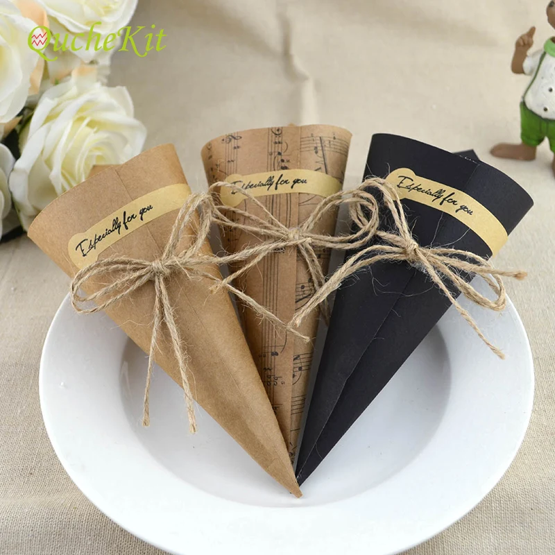 

50pcs/set Gift Wrapping Paper 15*15cm Creative Brown Musical Notes Vintage DIY Wedding Favors Kraft Paper Cones Candy Boxes