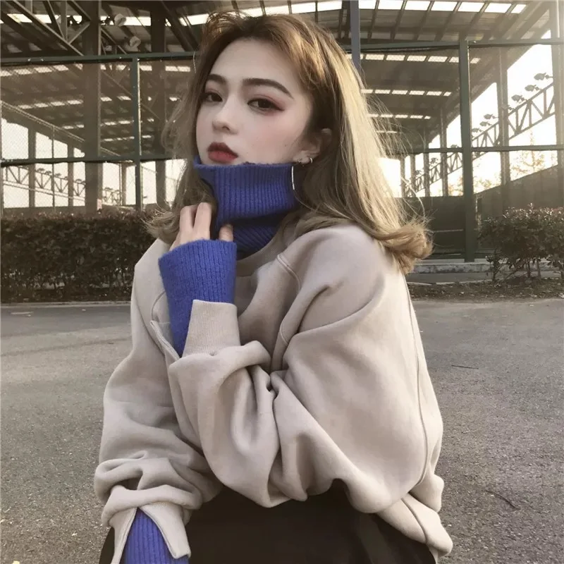 Autumn Winter Korean Women's Clothing Runaway Harajuku Oversize Hoodies High Collar Long Sleeve Loose Top Sweatshirt Pullover - Цвет: Khaki